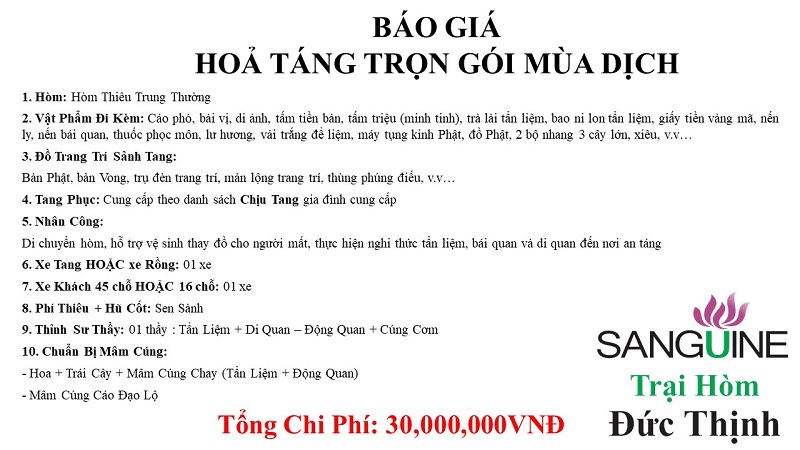 Bảng giá hỏa táng trọn gói tiêu chuẩn